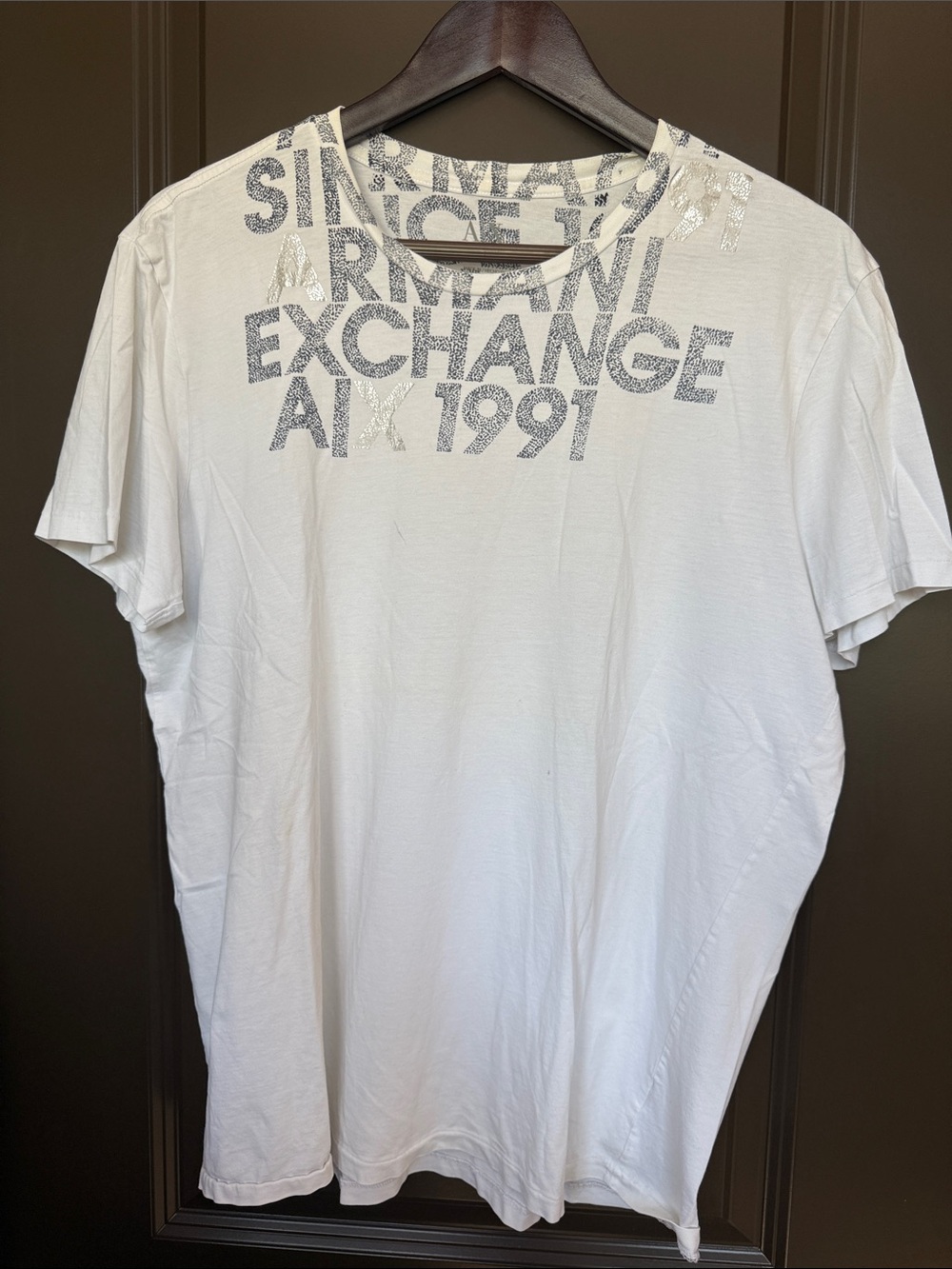 Armani Exchange White Short-Sleeve Logo Tee with Silver Text